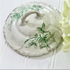 Antique Ironstone Pottery Lid Green Transferware Daffodil Design